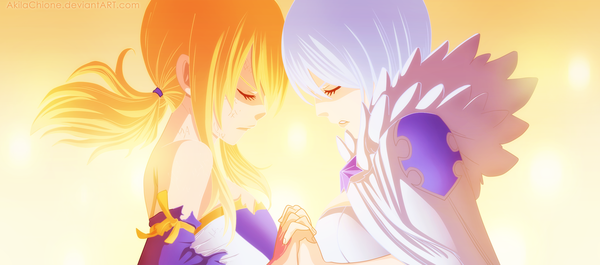 Anime picture 1800x795 with fairy tail lucy heartfilia yukino aguria akilachione long hair highres short hair blonde hair wide image twintails bare shoulders multiple girls white hair eyes closed profile tattoo coloring holding hands light girl