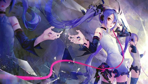 Anime picture 1360x777 with vocaloid hatsune miku shouin single long hair looking at viewer open mouth red eyes wide image twintails bare shoulders blue hair purple hair very long hair torn clothes reflection girl headphones