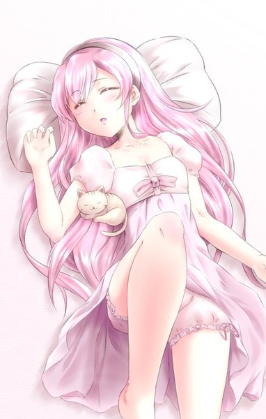Anime picture 1200x1880 with akame ga kill! white fox mine (akame ga kill!) kokutou single long hair tall image blush fringe simple background white background payot pink hair bent knee (knees) lying eyes closed parted lips arm up short sleeves on back