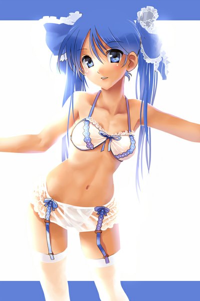 Anime picture 600x900 with original katahira masashi single long hair tall image looking at viewer blue eyes light erotic twintails bare shoulders blue hair bare belly underwear only girl thighhighs navel underwear panties white thighhighs lingerie