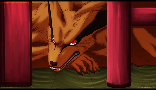 Anime picture 3013x1738 with naruto studio pierrot naruto (series) kurama (kyuubi) naruto999-by-roker single highres red eyes wide image grin coloring angry demon bijuu animal pillar column fox