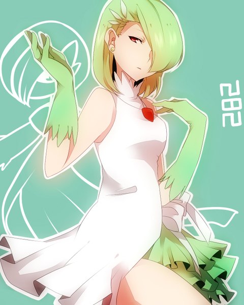 Anime picture 1200x1500 with pokemon nintendo gardevoir takeshima eku single tall image fringe short hair red eyes green hair hair over one eye gen 3 pokemon pokemon number humanization girl dress gloves pendant