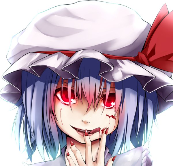 Anime picture 1245x1193 with touhou remilia scarlet canae0 single looking at viewer short hair simple background smile red eyes white background blue hair teeth fang (fangs) finger to mouth girl blood bonnet