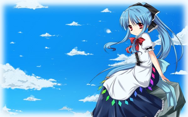 Anime picture 1440x900 with touhou hinanawi tenshi amemiya ruki single long hair looking at viewer red eyes wide image sitting payot blue hair sky cloud (clouds) ponytail alternate hairstyle no hat girl dress ribbon (ribbons)