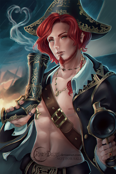 Anime picture 798x1200 with league of legends miss fortune (league of legends) rinrindaishi single tall image looking at viewer short hair red hair lips grey eyes piercing genderswap pirate boy navel weapon hat gun pistol pirate hat