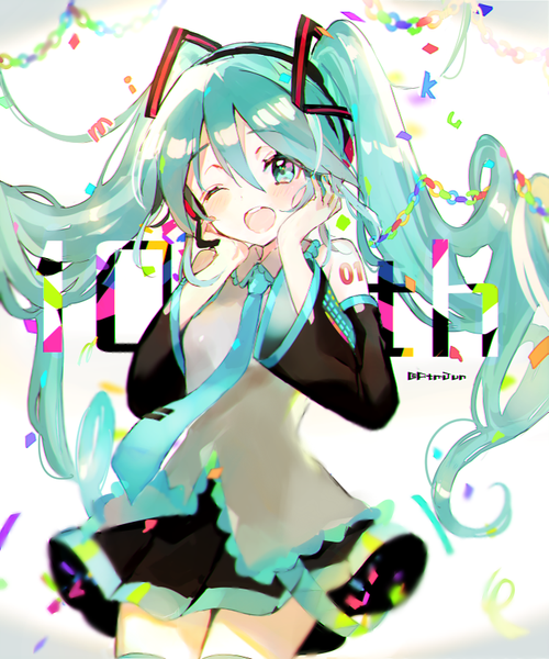 Anime picture 700x840 with vocaloid hatsune miku atsumi jun single long hair tall image blush fringe open mouth hair between eyes twintails nail polish one eye closed aqua eyes aqua hair character names cute hands on face girl skirt