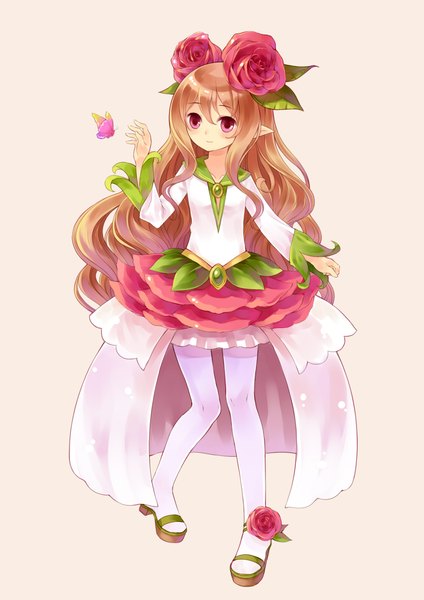 Anime picture 1653x2338 with dungeon and fighter tsubasa tsubasa single long hair tall image simple background brown hair looking away pink eyes hair flower pointy ears girl dress hair ornament insect butterfly
