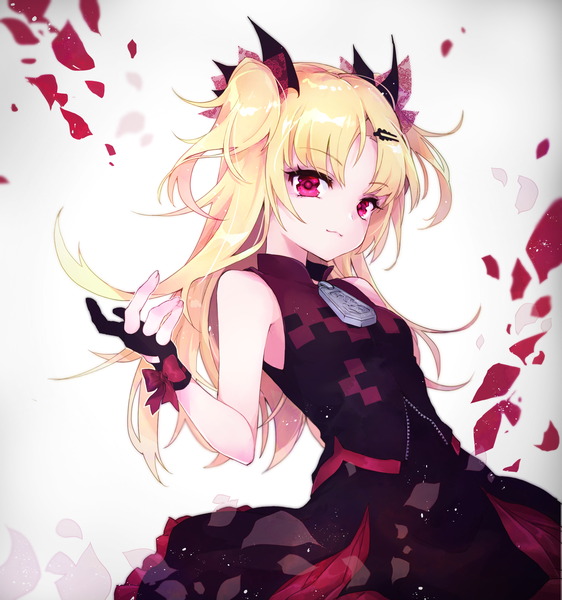 Anime picture 1770x1890 with virtual youtuber uni channel akatsuki uni shichijou natori single long hair tall image looking at viewer fringe highres simple background blonde hair standing pink eyes two side up sleeveless girl dress gloves ribbon (ribbons)