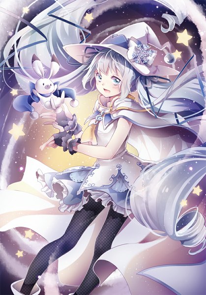 Anime picture 800x1144 with vocaloid suki! yuki! maji magic (vocaloid) hatsune miku yuki miku rabbit yukine yuki miku (2014) iku1539 single tall image blush twintails silver hair very long hair aqua eyes girl dress gloves bow hat animal