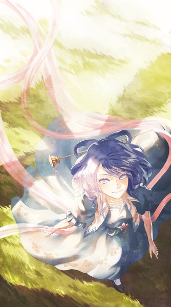 Anime picture 668x1200 with touhou kaku seiga yamamomo (plank) single tall image looking at viewer short hair blue eyes blue hair light smile from above sunlight looking up walking girl dress hair ornament ribbon (ribbons) plant (plants) grass