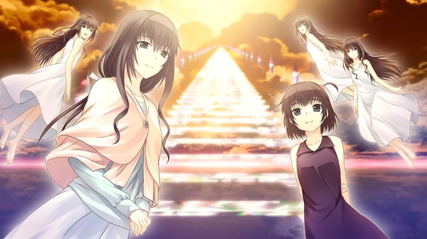 Anime picture 2048x1152 with tokyo babel long hair highres short hair black hair wide image multiple girls game cg sky cloud (clouds) horizon multiple persona girl sundress 5 girls stairs