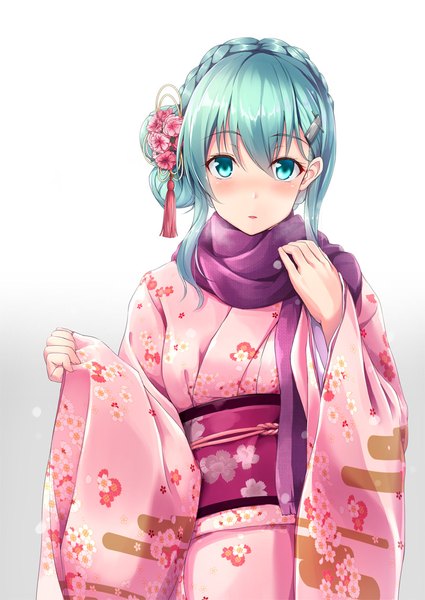 Anime picture 717x1012 with kantai collection suzuya heavy cruiser awa yume single long hair tall image looking at viewer blush blue eyes blue hair traditional clothes japanese clothes hair flower girl flower (flowers) kimono scarf obi