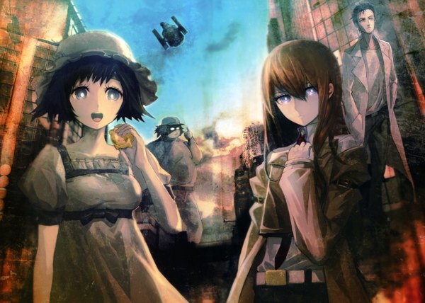 Anime picture 5616x4008 with steins;gate white fox makise kurisu shiina mayuri okabe rintarou hashida itaru huke long hair looking at viewer highres short hair open mouth blue eyes black hair brown hair multiple girls absurdres sky girl dress