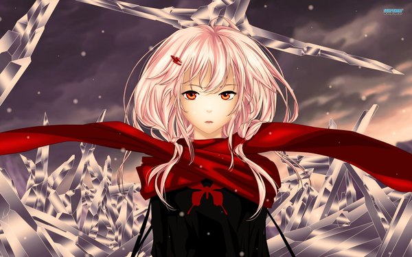 Anime picture 1920x1200 with guilty crown production i.g yuzuriha inori single long hair looking at viewer highres open mouth red eyes wide image pink hair snowing winter girl hair ornament hairclip scarf crystal