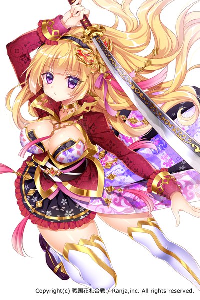 Anime picture 700x1050 with sengoku hanafuda kassen mitsuba choco single long hair tall image fringe breasts light erotic simple background blonde hair large breasts white background purple eyes payot cleavage arm up official art girl thighhighs hair ornament