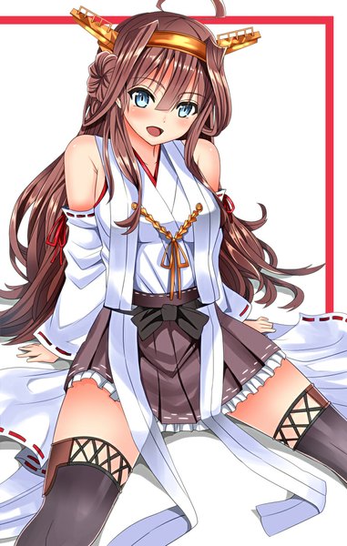 Anime picture 700x1102 with kantai collection kongou battleship inu (marukome) single long hair tall image looking at viewer blush fringe blue eyes smile brown hair traditional clothes japanese clothes spread legs nontraditional miko girl thighhighs skirt black thighhighs