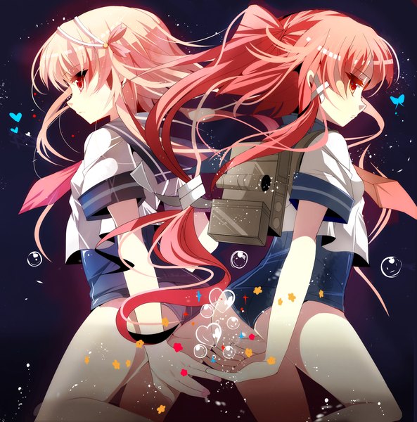 Anime picture 2226x2255 with kantai collection i-58 submarine i-168 submarine fumiko (miruyuana) long hair tall image highres short hair light erotic blonde hair red eyes multiple girls pink hair ponytail back to back girl hair ornament 2 girls swimsuit heart