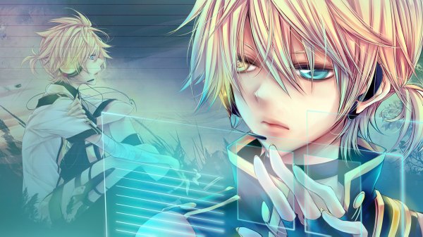 Anime picture 1200x675 with vocaloid kagamine len ln single short hair blue eyes blonde hair wide image sitting yellow eyes profile heterochromia face boy gloves headphones fingerless gloves wire (wires)