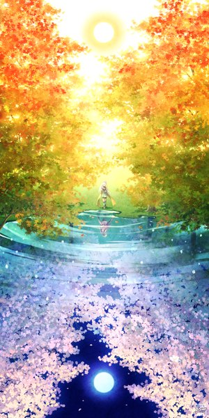 Anime picture 1000x2000 with original minami seira single long hair tall image sky white hair night night sky cherry blossoms reflection scenic girl ribbon (ribbons) plant (plants) tree (trees) water shorts moon star (stars)