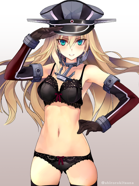 Anime picture 600x800 with kantai collection bismarck battleship shirokitsune single long hair tall image looking at viewer blush fringe breasts light erotic simple background blonde hair hair between eyes signed parted lips aqua eyes alternate costume hand on hip underwear only