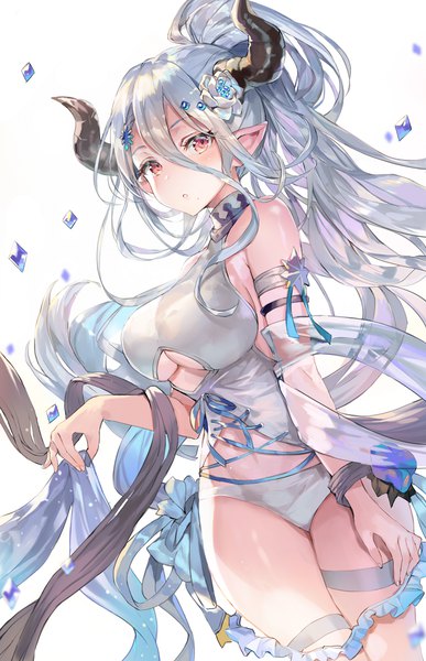 Anime picture 800x1240 with granblue fantasy izmir momoko (momopoco) single long hair tall image looking at viewer blush fringe breasts light erotic simple background hair between eyes red eyes large breasts standing white background bare shoulders holding silver hair