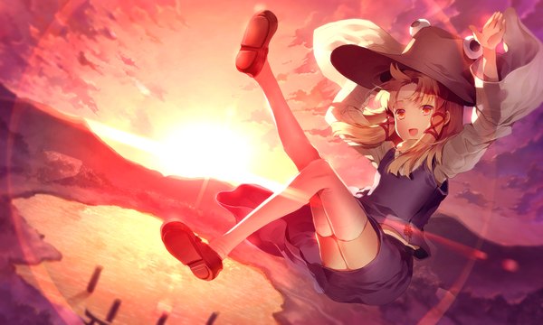 Anime picture 2000x1200 with touhou moriya suwako sunakumo single long hair highres blonde hair red eyes wide image sky cloud (clouds) evening sunset mountain lake girl thighhighs dress skirt hat