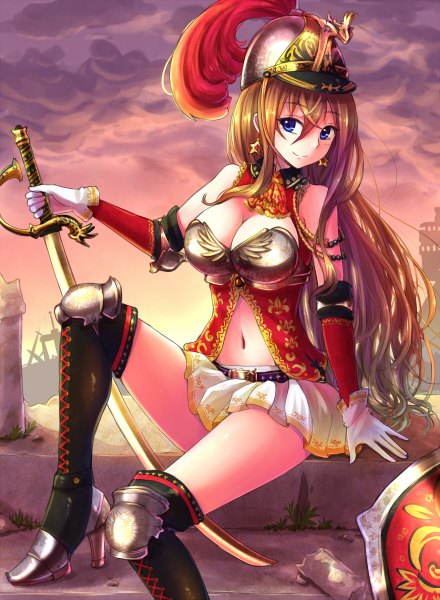 Anime picture 880x1200 with original xia you qing suikakitsu shiro single tall image looking at viewer breasts blue eyes light erotic smile brown hair bare shoulders girl skirt gloves navel weapon miniskirt sword boots