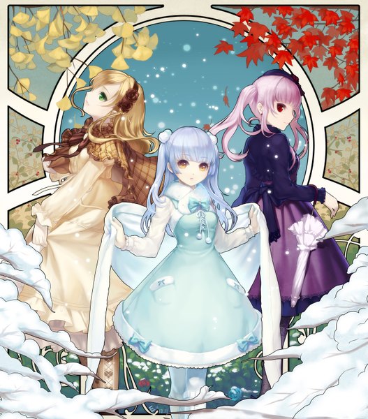 Anime picture 1316x1500 with original erian long hair tall image blonde hair red eyes twintails multiple girls green eyes yellow eyes blue hair pink hair snowing winter group snow autumn closed umbrella girl dress