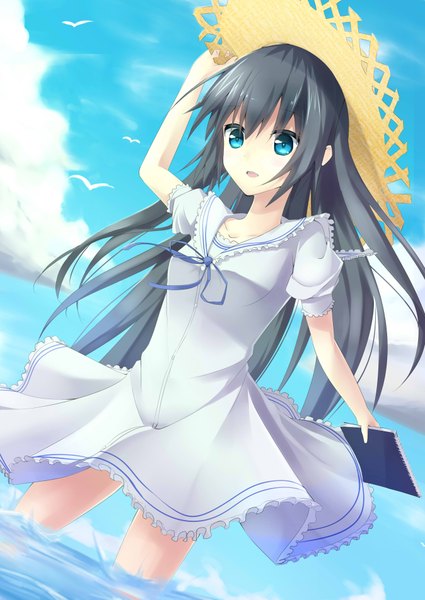 Anime picture 2696x3809 with original makadamia single long hair tall image highres blue eyes black hair sky cloud (clouds) girl hat water sundress