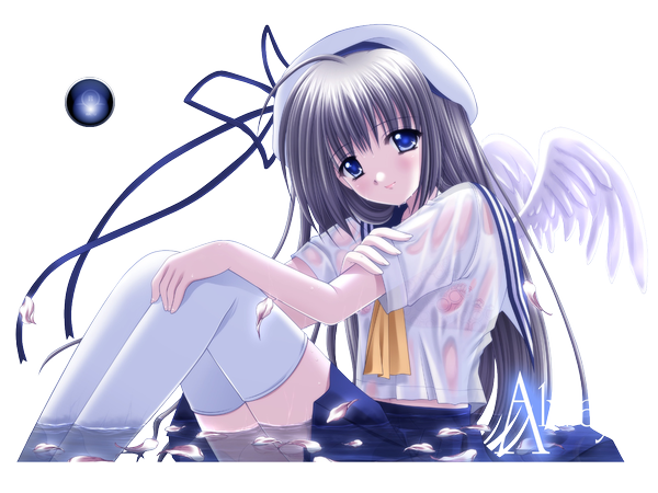Anime picture 1600x1200 with nishimata aoi signed transparent background wet clothes angel rendered thighhighs wings serafuku transparent clothing