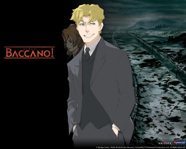 Anime picture 1280x1024 with baccano! ladd russo lua klein long hair short hair blue eyes smile brown eyes red hair hands in pockets sad necktie vest suit