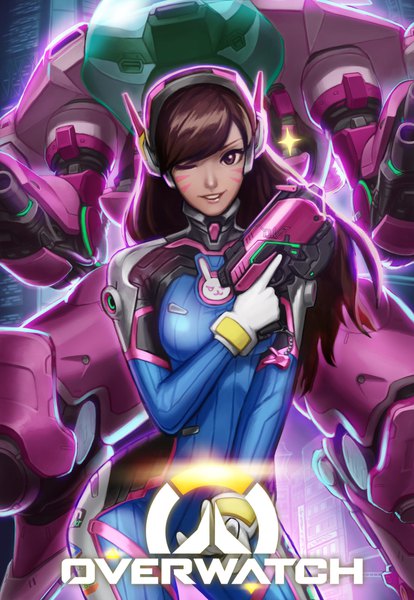 Anime picture 1308x1896 with overwatch blizzard entertainment d.va (overwatch) meka (overwatch) tanbyeong cheog single long hair tall image looking at viewer smile brown hair standing holding brown eyes one eye closed wink copyright name facial mark whisker markings face paint
