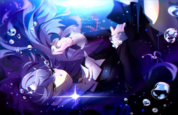 Anime picture 1932x1250 with kiznaiver studio trigger sonozaki noriko squchan single long hair fringe highres blue eyes hair between eyes signed blue hair looking away bent knee (knees) pleated skirt blurry floating hair watermark underwater upside down