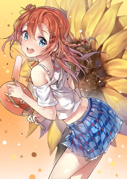 Anime picture 859x1214 with love live! school idol project sunrise (studio) love live! kousaka honoka yuran (cozyquilt) single long hair tall image looking at viewer blush fringe open mouth standing bare shoulders braid (braids) pleated skirt orange hair bare legs leaning one side up