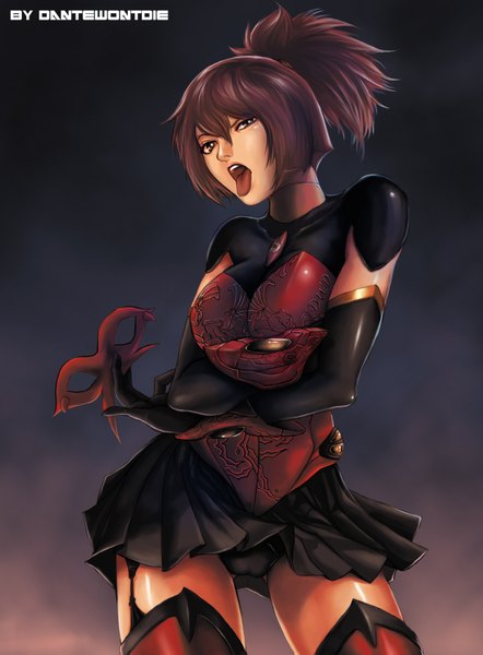 Anime picture 2480x3366 with astroplan ishas dantewontdie single tall image highres short hair open mouth light erotic brown hair brown eyes signed ponytail crossed arms girl gloves underwear panties elbow gloves tongue
