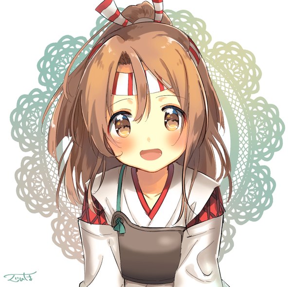 Anime picture 1576x1551 with kantai collection zuihou light aircraft carrier zuho (vega) single looking at viewer blush fringe open mouth simple background smile hair between eyes brown hair white background brown eyes signed ponytail happy girl hairband