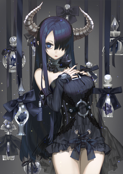 Anime picture 796x1126 with original zaza (x-can01) single long hair tall image looking at viewer fringe breasts open mouth blue eyes light erotic standing bare shoulders holding signed payot blue hair nail polish horn (horns) fingernails