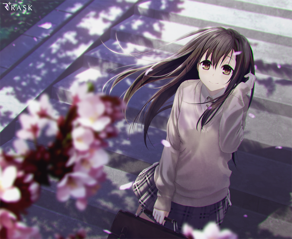 Anime picture 800x656 with re:lief ~shin'ai naru anata e~ mocha (cotton) single long hair fringe smile brown hair brown eyes outdoors from above wind shadow cherry blossoms adjusting hair girl uniform school uniform petals