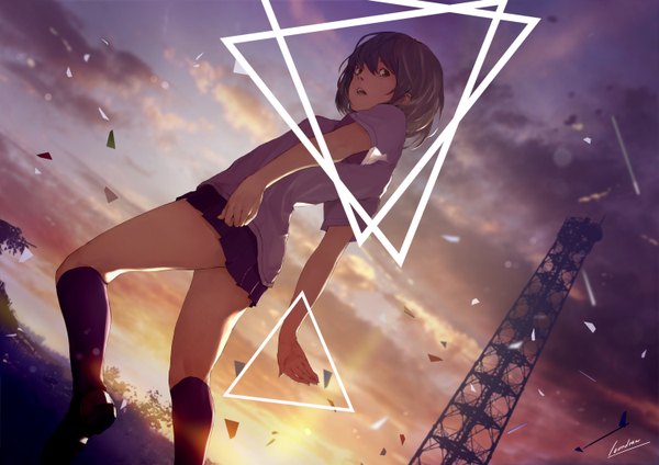 Anime picture 1500x1060 with original loundraw single short hair open mouth brown hair brown eyes signed cloud (clouds) looking back evening sunset scenic girl skirt miniskirt knee socks t-shirt