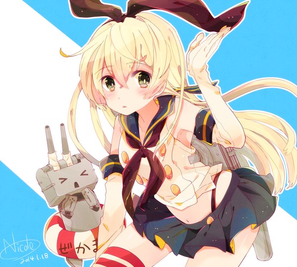 Anime picture 1500x1350 with kantai collection shimakaze destroyer rensouhou-chan nicole (usako) single long hair looking at viewer blush blonde hair hair between eyes green eyes signed > < girl thighhighs skirt gloves bow hair bow miniskirt