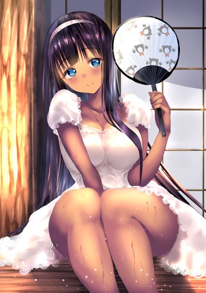 Anime picture 886x1257 with original ponytail korosuke single long hair tall image blush fringe blue eyes light erotic black hair sitting blunt bangs light smile sweat embarrassed dark skin wide hips girl dress white dress