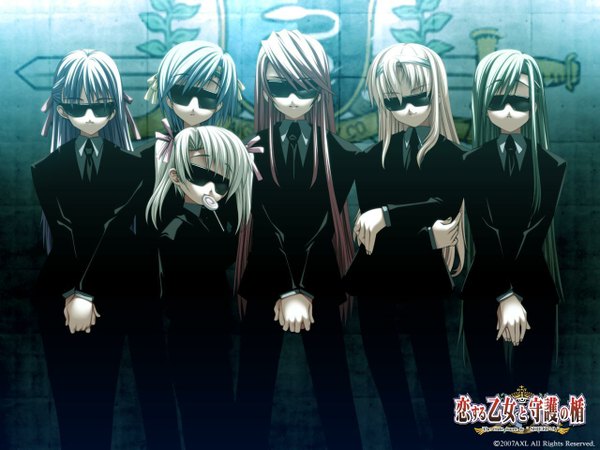 Anime picture 1280x960 with koisuru otome to shugo no tate yamada taeko shuuji kisaragi kasugazaki yukino tsubakihara ren shinjo marina sanada setsuko homura yuri senomoto hisashi long hair short hair blonde hair blue hair pink hair game cg purple hair white hair green hair light smile dark background