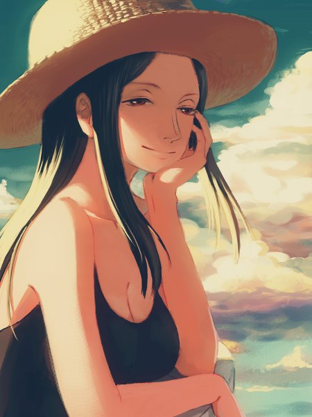 Anime picture 900x1200 with one piece toei animation nico robin totsukitouka single long hair tall image looking at viewer black hair smile red eyes bare shoulders sky cloud (clouds) girl hat straw hat