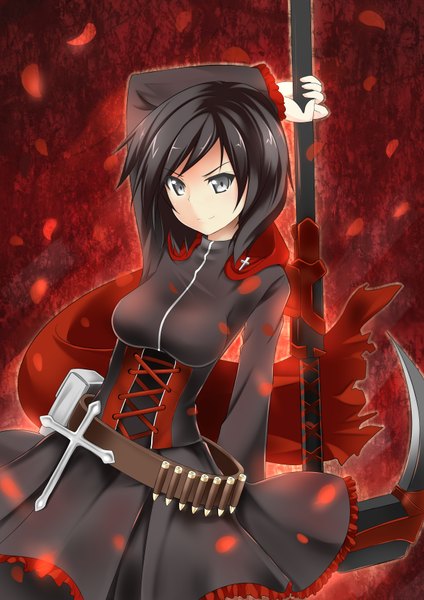 Anime picture 2480x3507 with rwby rooster teeth ruby rose catstudioinc (punepuni) single tall image looking at viewer highres short hair black hair grey eyes red background girl dress petals cape cross scythe