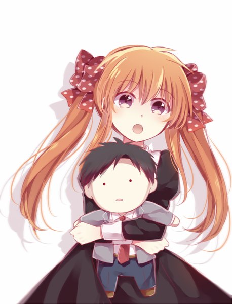 Anime picture 1027x1344 with gekkan shoujo nozaki-kun doga kobo sakura chiyo nozaki umetarou tamagoyaki (megane-daisuki) single long hair tall image blush fringe open mouth simple background hair between eyes standing white background purple eyes twintails holding payot looking away