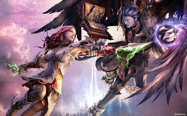 Anime picture 1920x1200 with aion long hair highres short hair wide image pink hair purple hair dark skin black wings battle 3d girl boy weapon armor book (books) dagger