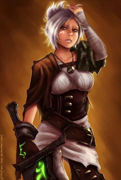 Anime picture 1030x1528 with league of legends riven (league of legends) teh-dave tall image fringe short hair breasts open mouth yellow eyes silver hair dark skin facial mark glowing hand on head underbust gloves weapon sword belt armor