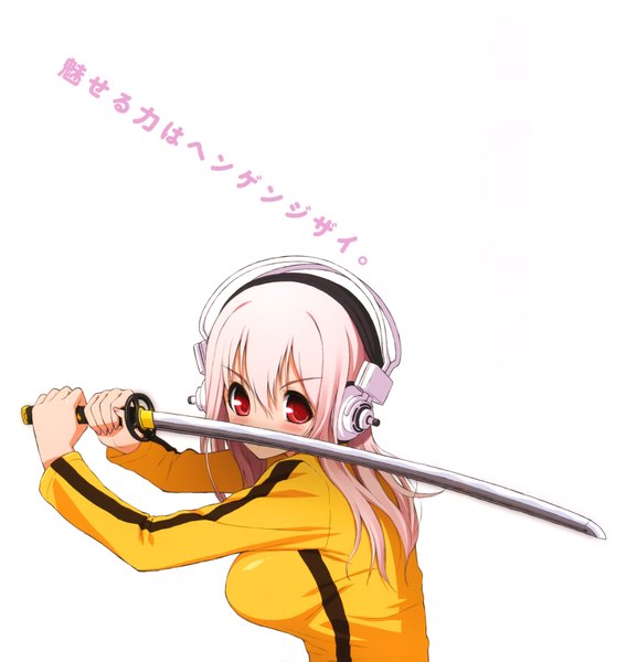 Anime picture 6797x7063 with kill bill nitroplus super sonico tsuji santa single long hair tall image blush highres pink hair absurdres pink eyes cosplay girl sword headphones katana