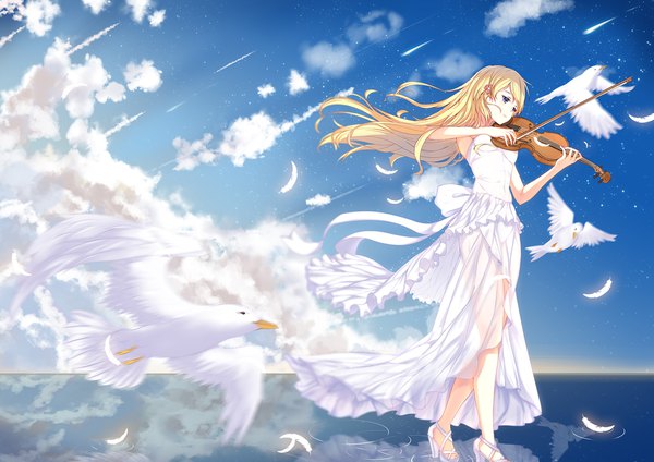 Anime picture 1920x1358 with shigatsu wa kimi no uso a-1 pictures miyazono kaori kai (lolicc) long hair highres blue eyes blonde hair looking away sky cloud (clouds) wind high heels reflection walking playing instrument girl dress animal water