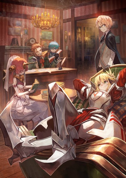 Anime-Bild 1059x1500 mit fate (series) fate/grand order fate/apocrypha fate/extra fate/extra ccc fate/prototype mordred (fate) frankenstein's monster (fate) hans christian andersen (fate) caster of red berserker (fate/prototype fragments) lack tall image fringe short hair blue eyes blonde hair smile hair between eyes brown hair